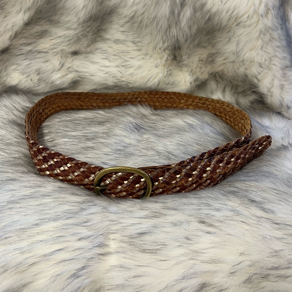 Y2K American Eagle Woven Leather Brown Braided Belt with Buckle Western Boho